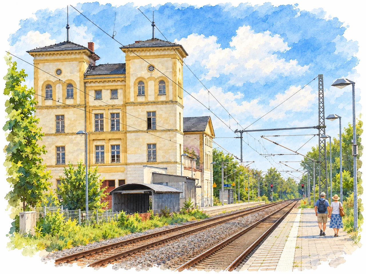 Bahnhof Bad Dürrenberg mit historischem Empfangsgebäude und Bahnsteig als Aquarell.
