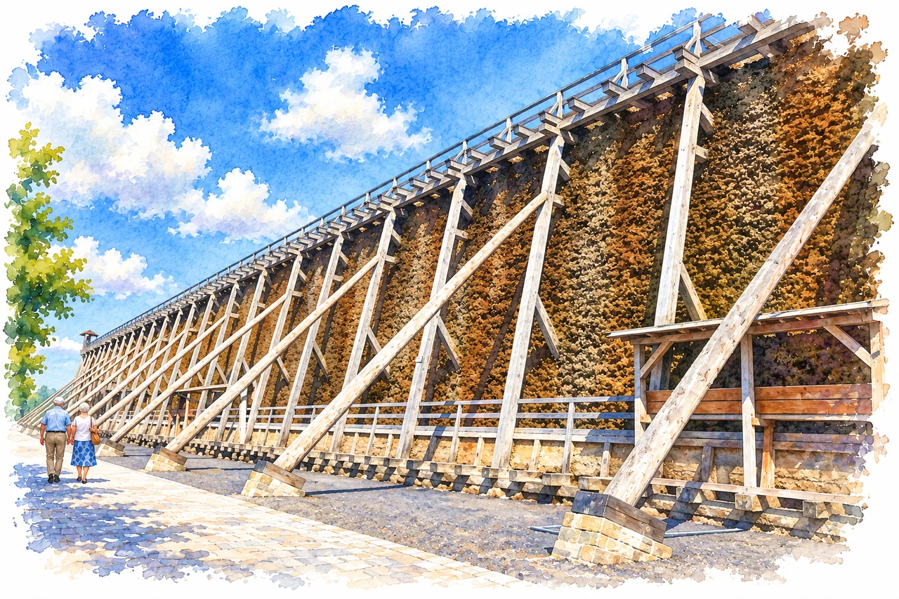 Gradierwerk Bad Dürrenberg mit sommerlichem Himmel und Spaziergängern als Aquarell.