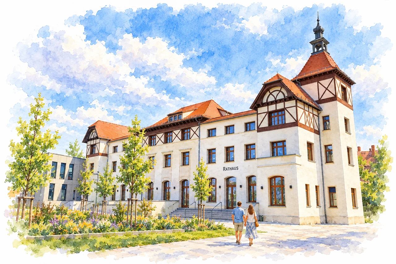 Rathaus Bad Dürrenberg mit Fachwerkdetails und Sommerblumen als Aquarell.