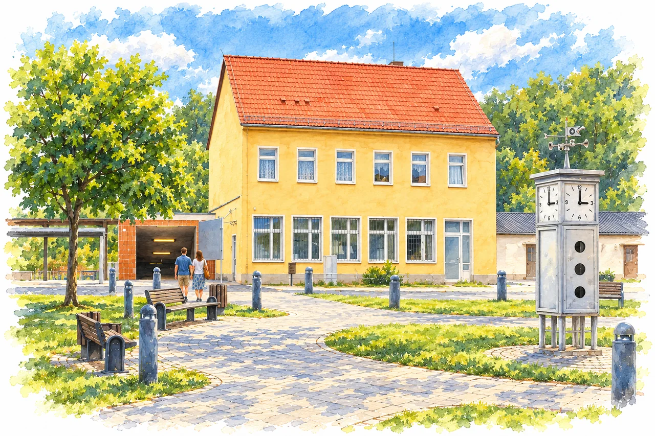 Bahnhof Braunsbedra mit gelbem Empfangsgebäude, Vorplatz und Uhrensäule um15Uhr.