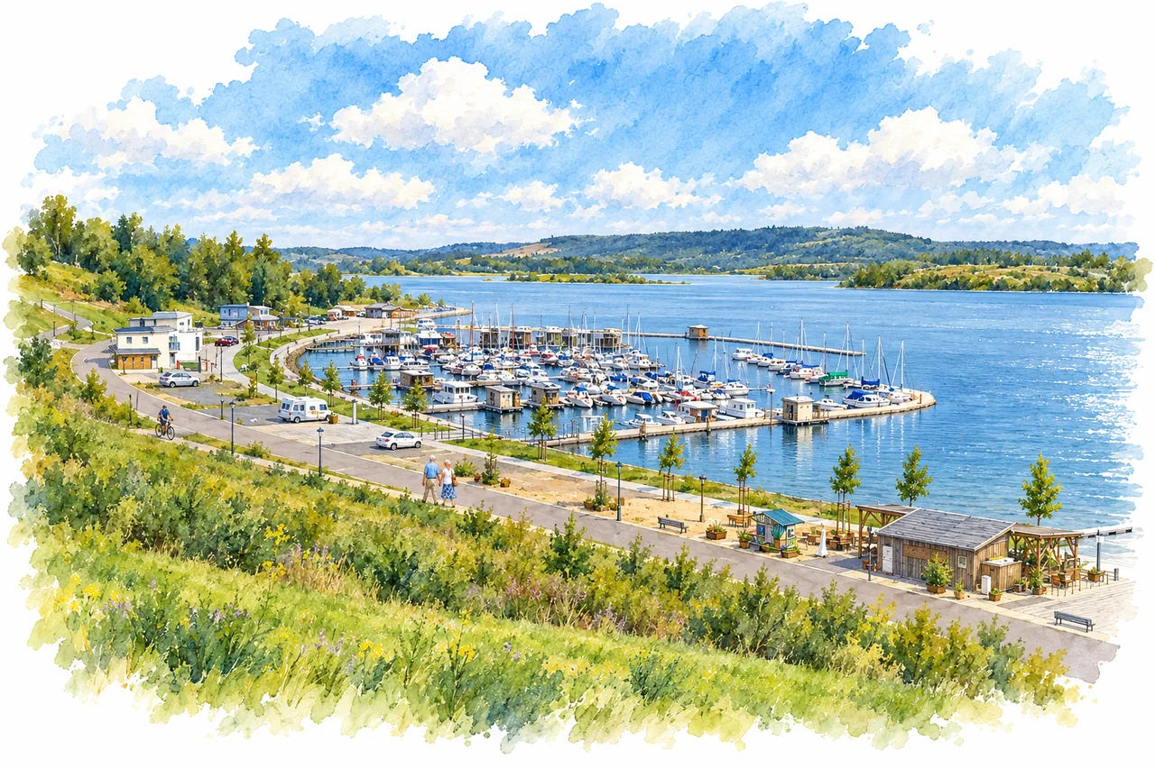 Marina Braunsbedra mit Segelbooten, geschwungener Hafenanlage und sommerlichem Geiseltalsee.