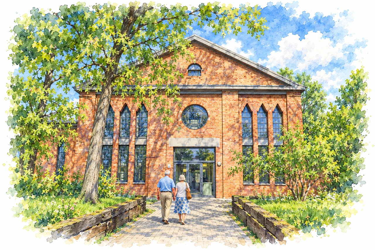 Der Backsteineingang der Zentralwerkstatt Pfännerhall mit rundem Fenster und sommerlichen Bäumen.