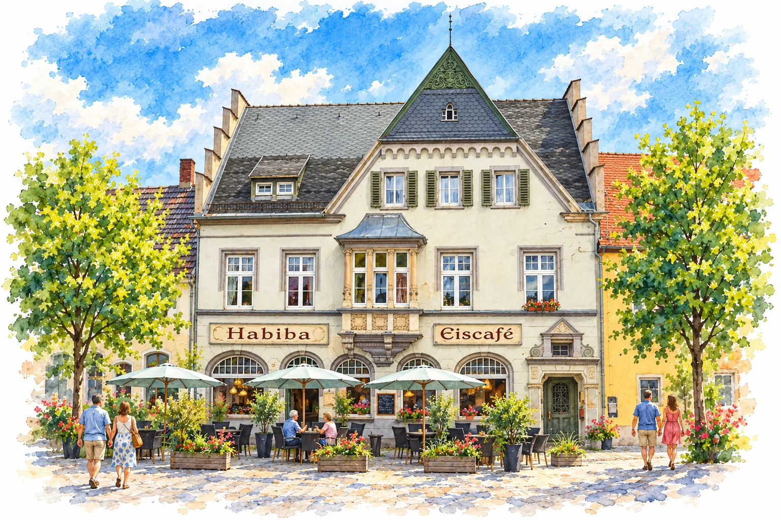 Habiba Eiscafé im Haus Markt11 in Hohenmölsen als Aquarell