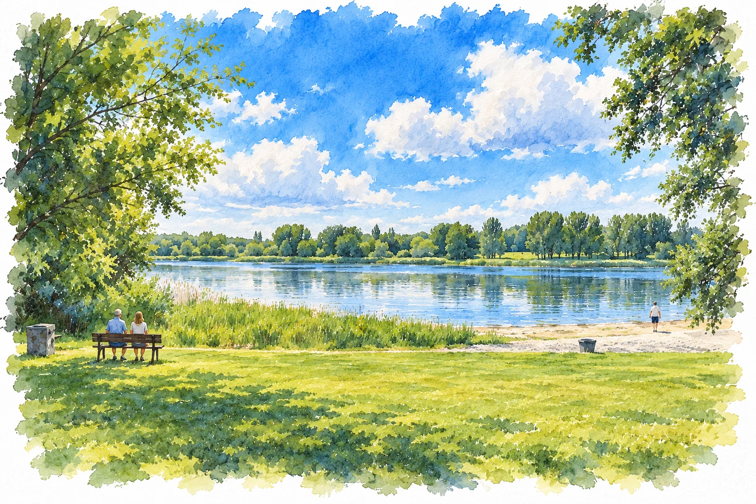 Sommerlicher Blick über den Mondsee bei Hohenmölsen als Aquarell