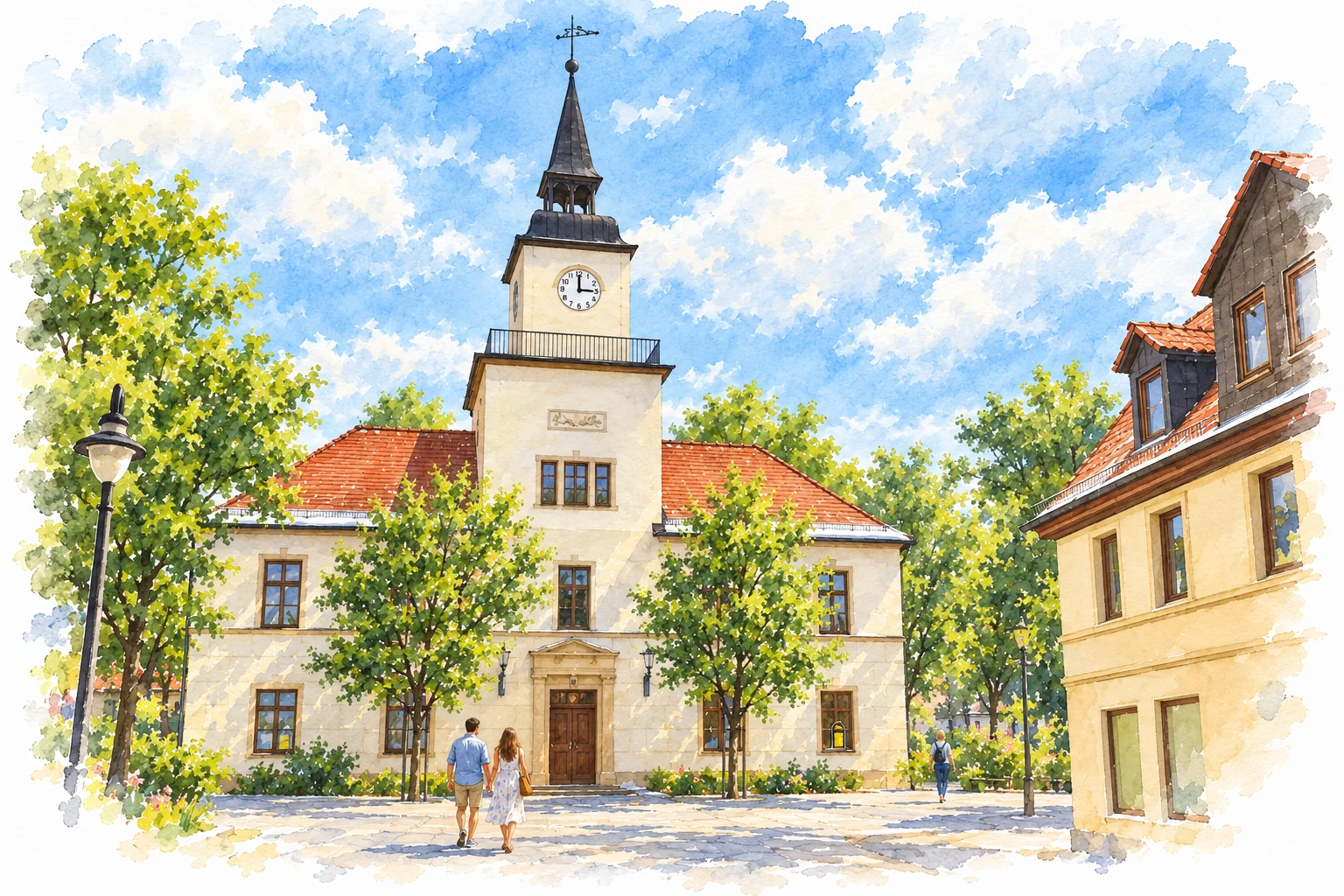 Rathaus Hohenmölsen am Markt als sommerliches Aquarell