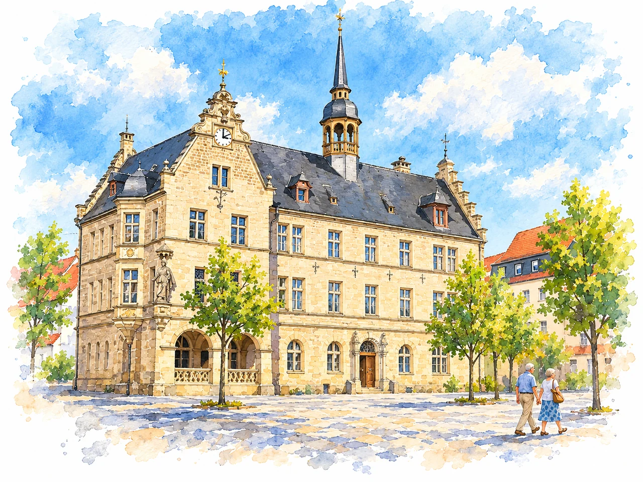 Rathaus und Marktplatz in Lützen als sommerliches Aquarell.