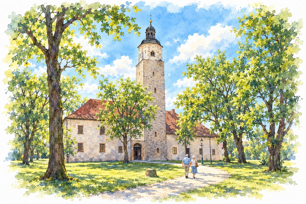 Schloss Lützen mit hohem Turm und sommerlichem Park als Aquarell.