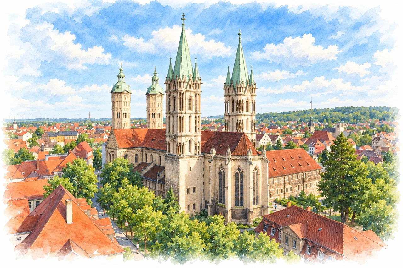 Naumburger Dom mit vier charakteristischen Türmen über grünen Bäumen und roten Dächern.