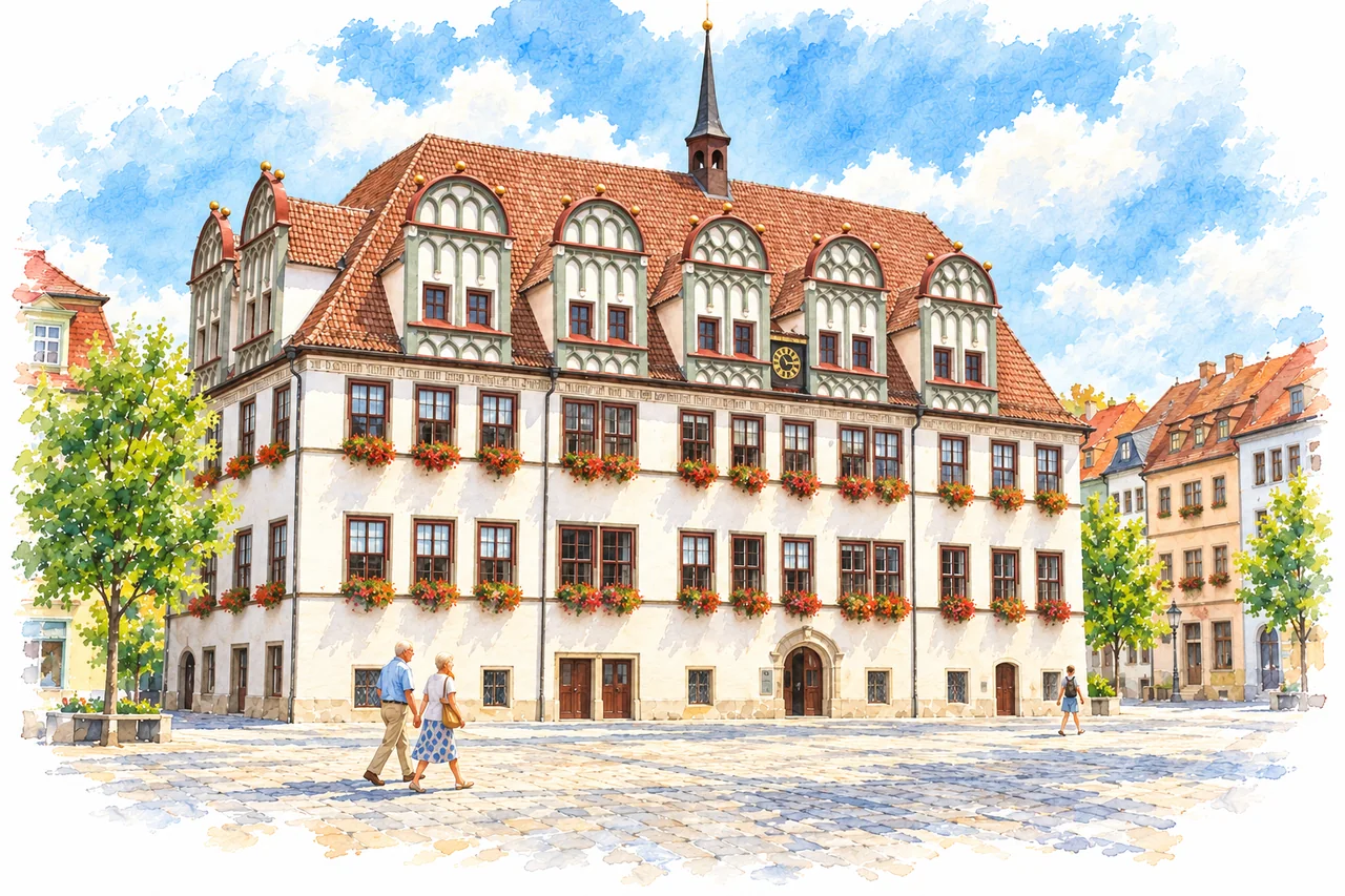 Das Naumburger Rathaus mit seinen verzierten Giebeln am sommerlichen Marktplatz.