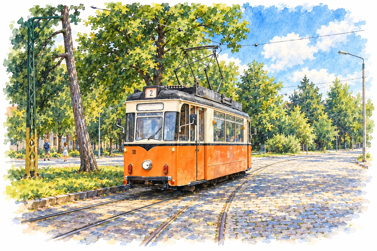 Historischer orangefarbener Naumburger Straßenbahnwagen38 an der Poststraße.