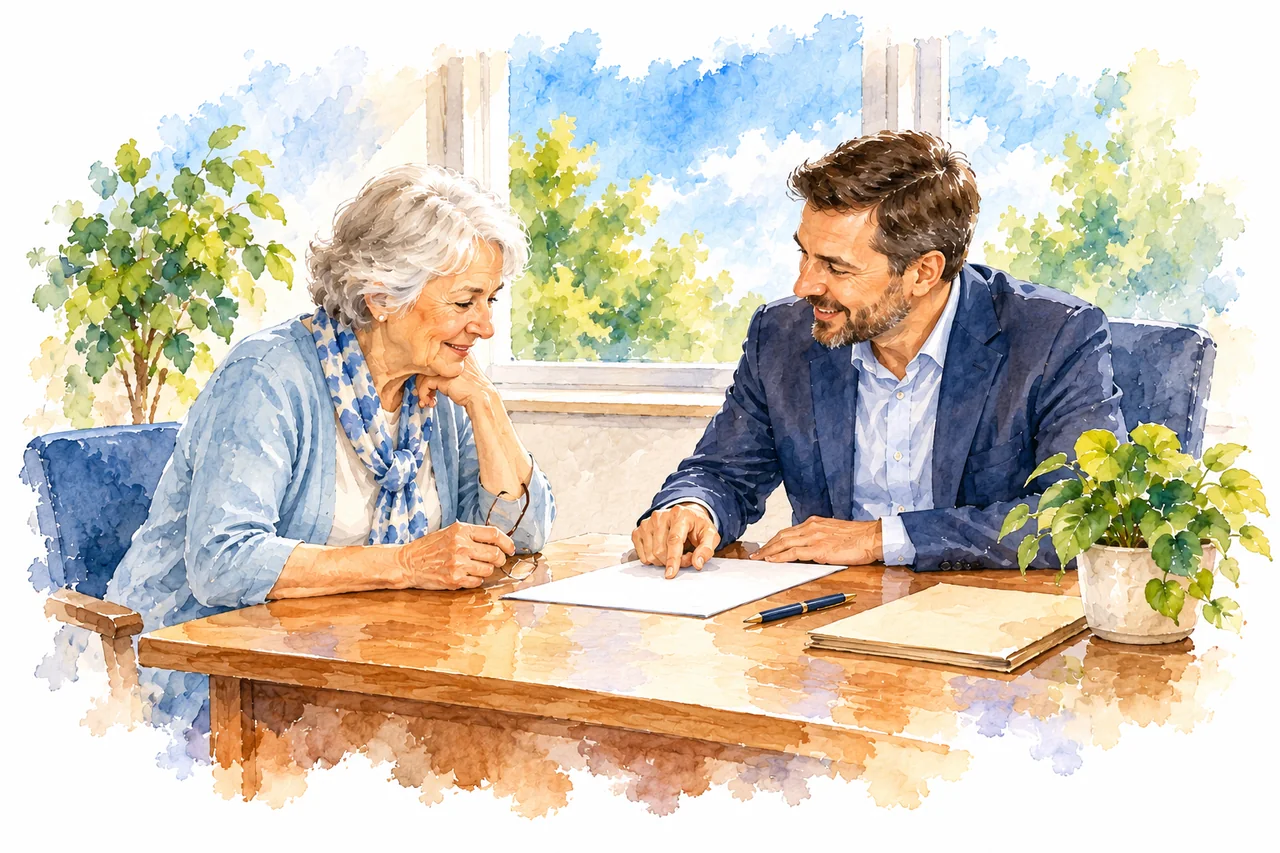 Aquarell: Zwei Menschen klären Unterlagen bei einer persönlichen Beratung.