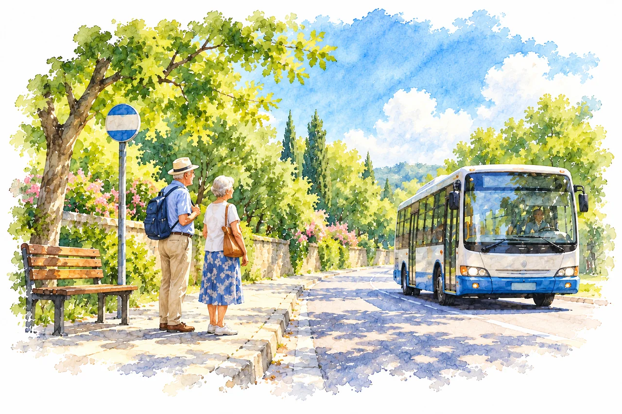 Aquarell: Zwei ältere Fahrgäste warten gemeinsam an einer Bushaltestelle.