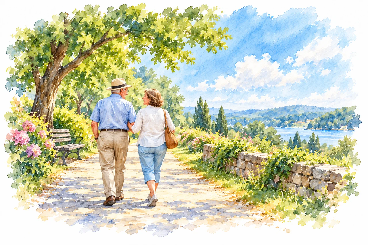 Aquarell: Eine Alltagsbegleiterin und ein älterer Mann gehen gemeinsam auf einem sommerlichen Parkweg.