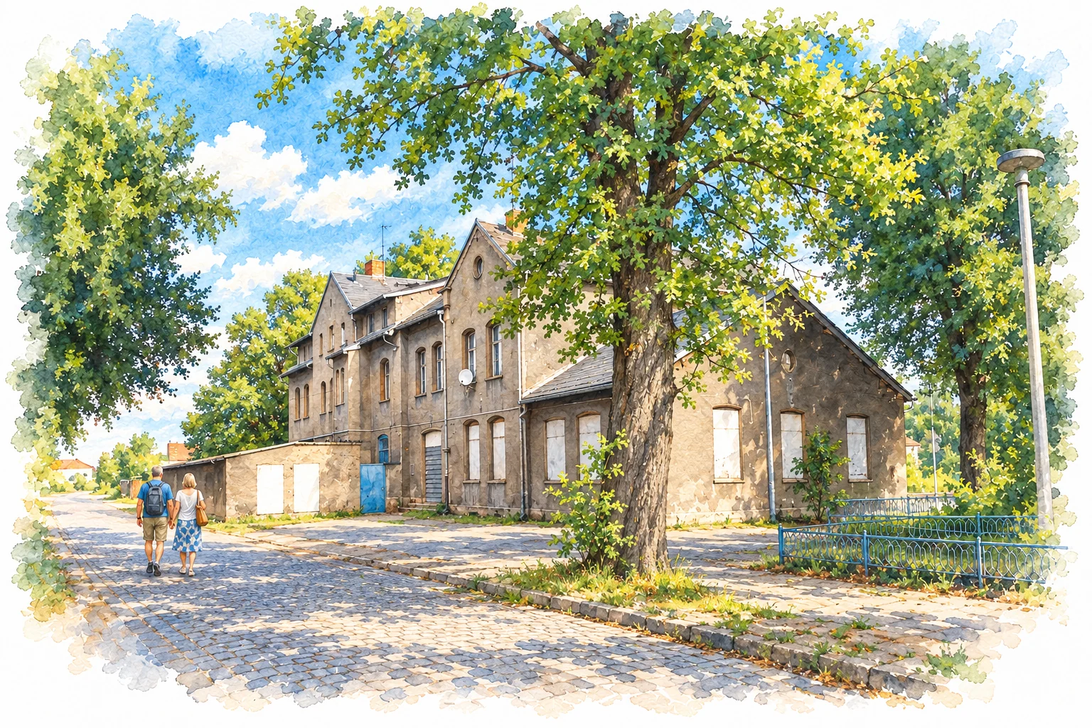 Historisches Empfangsgebäude des Bahnhofs Teuchern als Aquarell