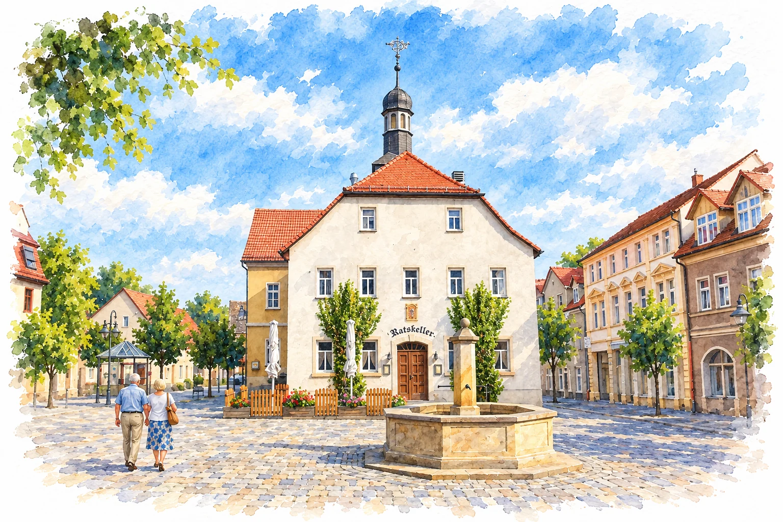 Rathaus Teuchern mit Marktbrunnen als sommerliches Aquarell