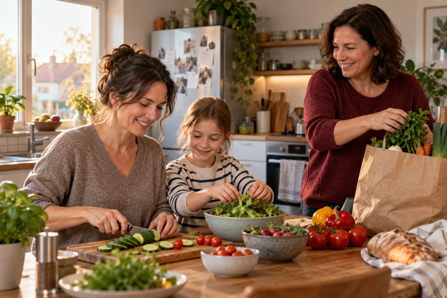 Eine Mutter, ein Kind und eine erwachsene Alltagsbegleiterin bereiten gemeinsam eine Mahlzeit vor.