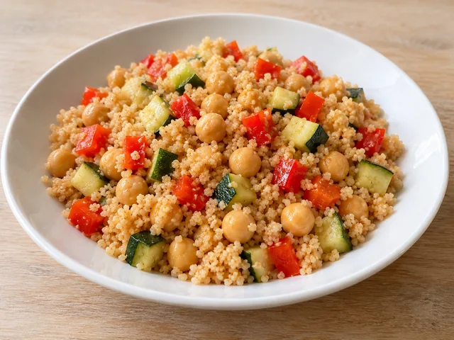 Couscous mit Kichererbsen, roten Paprika- und grünen Zucchinistücken.