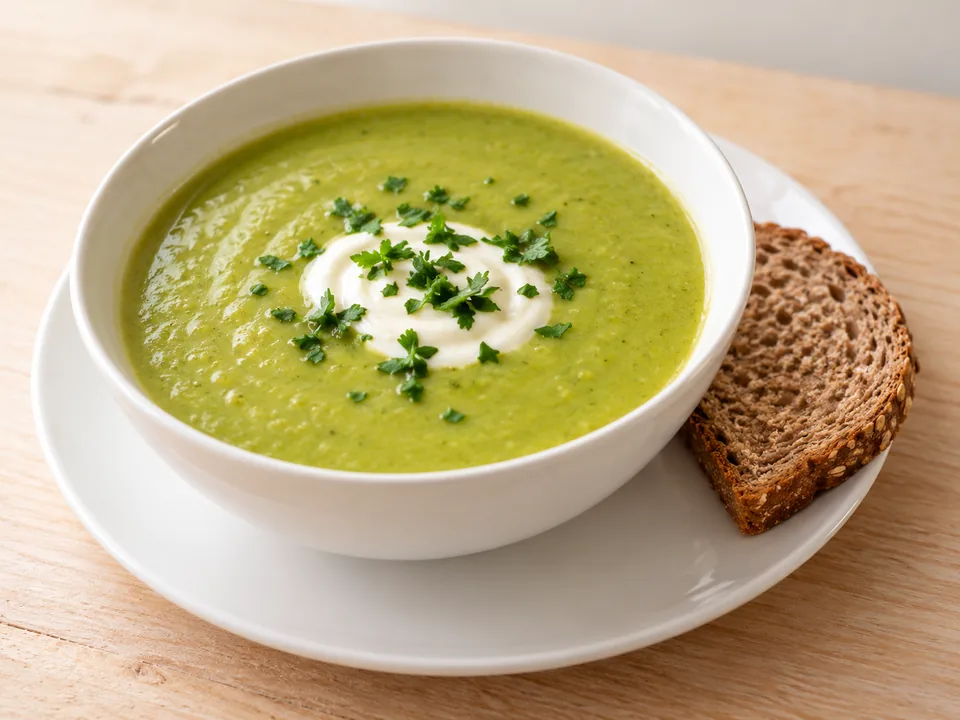 Grüne Erbsen-Kartoffel-Suppe mit Joghurt, Petersilie und Brot.