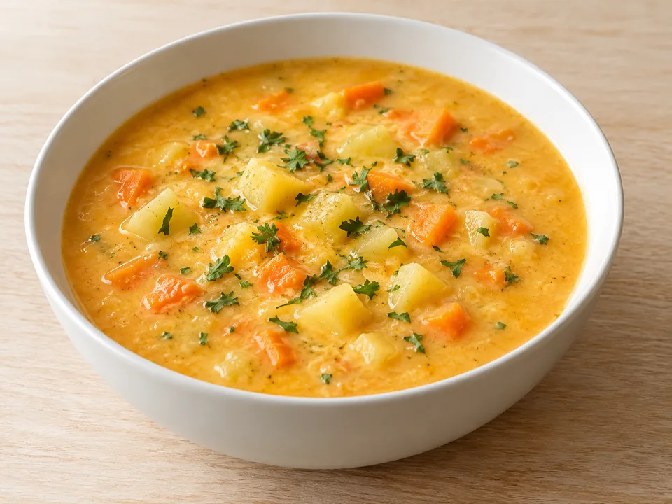 Cremige Kartoffel-Möhren-Suppe mit kleinen Gemüsestücken und Petersilie.