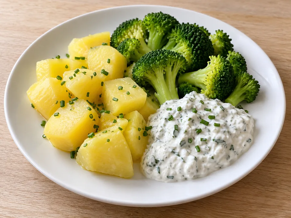 Gekochte Kartoffelstücke mit Brokkoli und Kräuterquark.