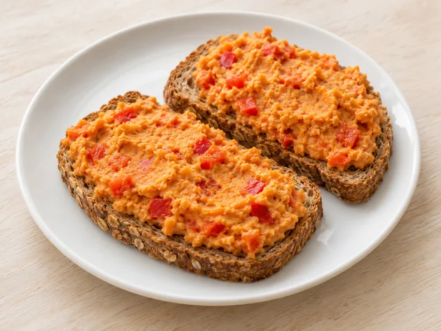 Vollkornbrot mit warmem Kichererbsen-Paprika-Aufstrich.
