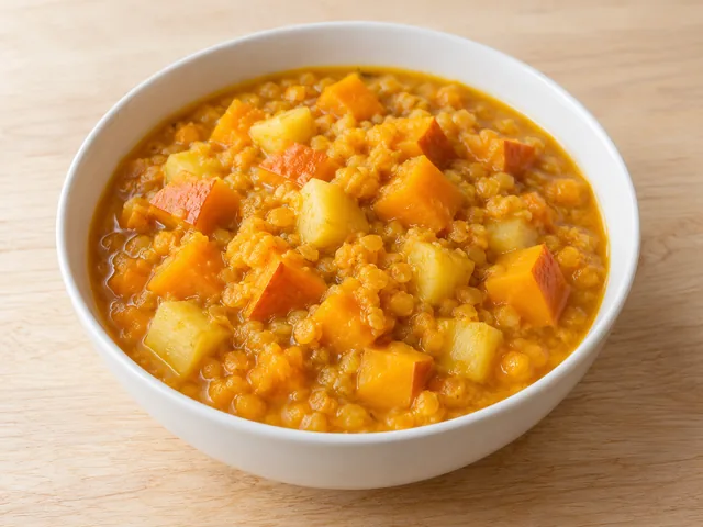 Kürbis-Linsen-Eintopf mit kleinen Kürbis- und Kartoffelwürfeln.