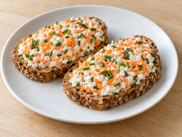 Vollkornbrot mit körnigem Frischkäse, Möhrenraspeln und Schnittlauch.