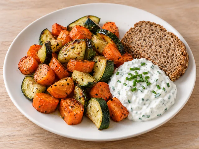Gebackene Möhren und Zucchini mit Kräuterquark und Vollkornbrot.
