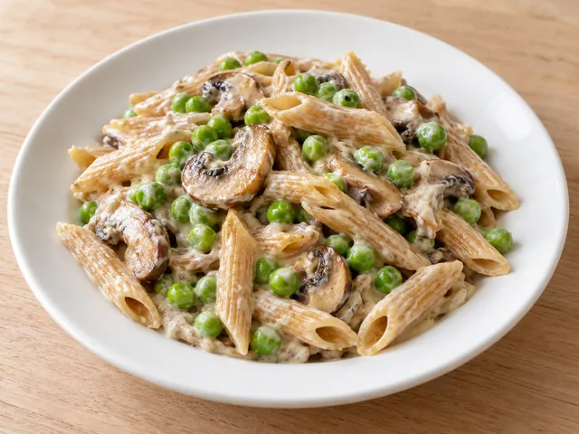Vollkornnudeln mit Champignons und Erbsen in heller Frischkäsesoße.