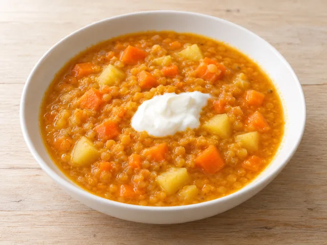 Orange Möhren-Linsen-Suppe mit Kartoffelstücken und einem Klecks Joghurt.