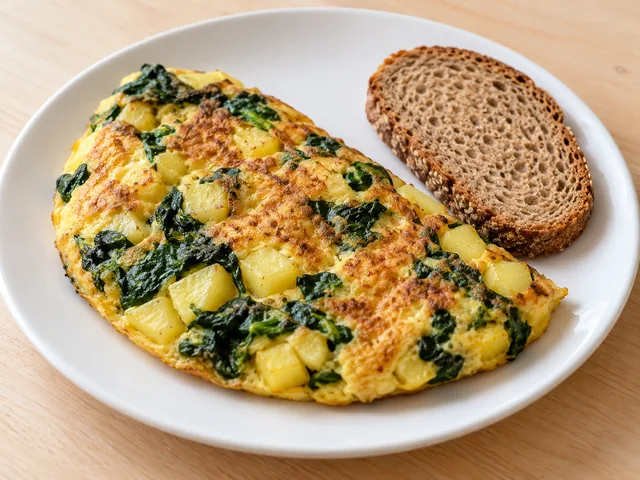 Fest gegartes Kartoffel-Spinat-Omelett mit einer Scheibe Vollkornbrot.