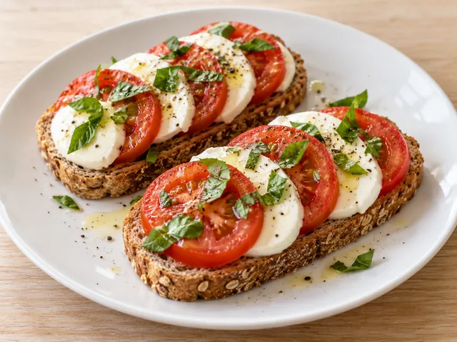 Vollkornbrot mit Tomaten, Mozzarella und Basilikum.