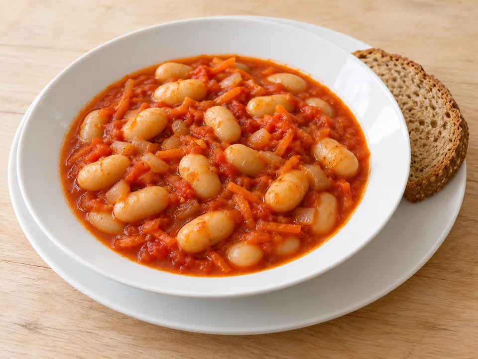 Weiße Bohnen in Tomatensoße mit einer Scheibe Vollkornbrot.