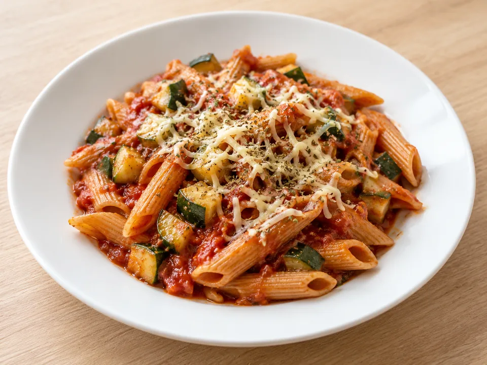 Vollkornnudeln mit Zucchini in Tomatensoße und etwas geriebenem Käse.